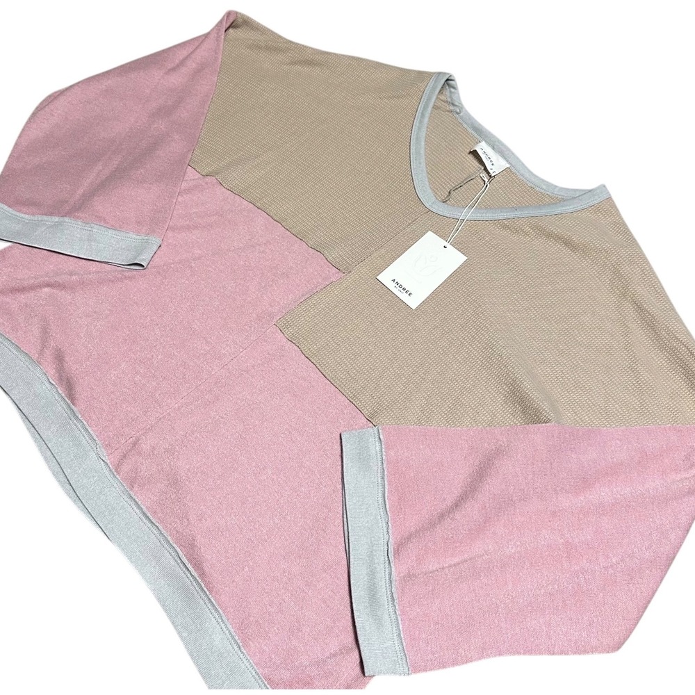 Andree by Unit Top Womens Large Pink NWT Waffle Knit Patchwork Oversized